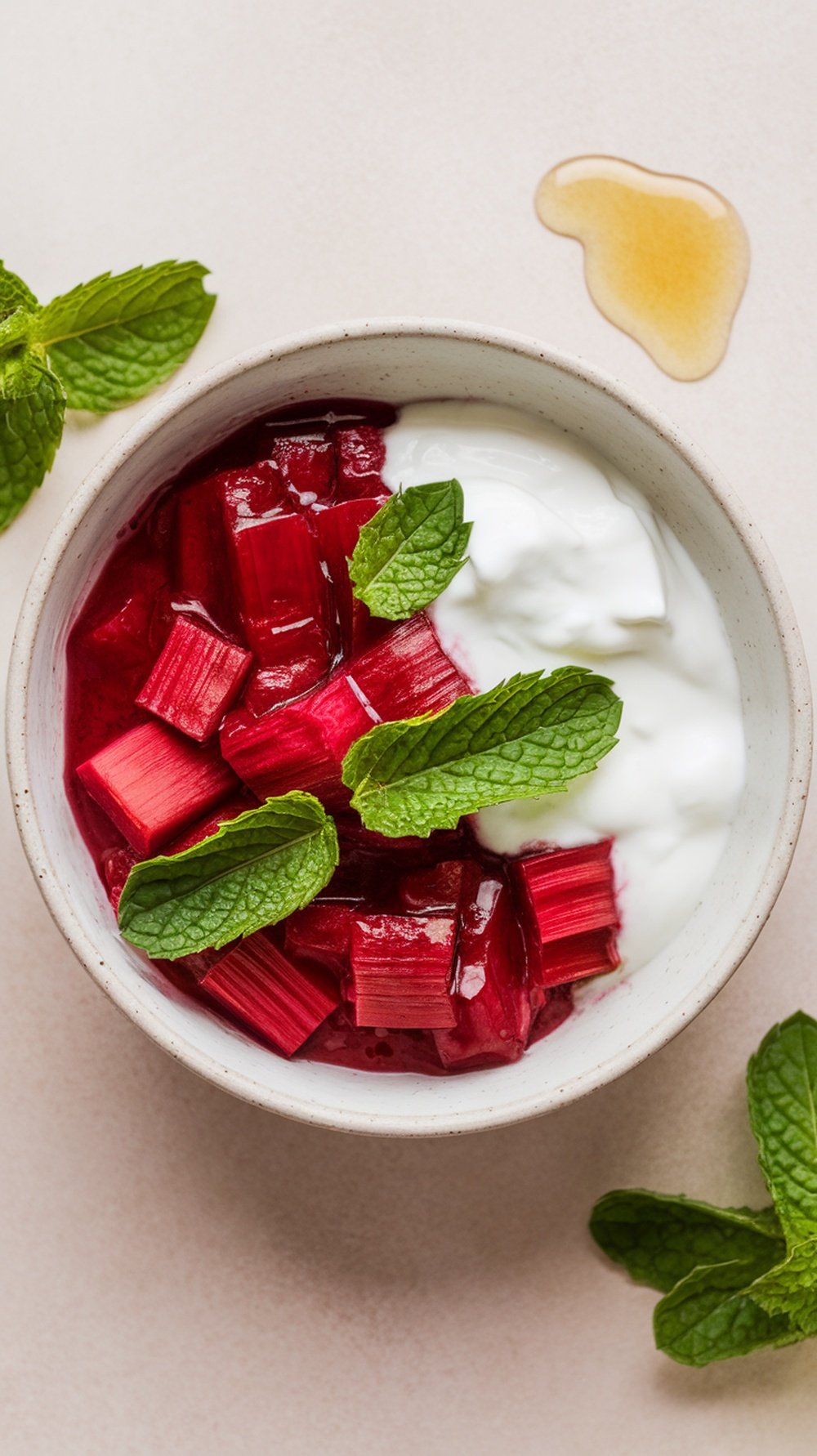 A bowl of rhubarb compote topped with vanilla yogurt and fresh mint leaves.