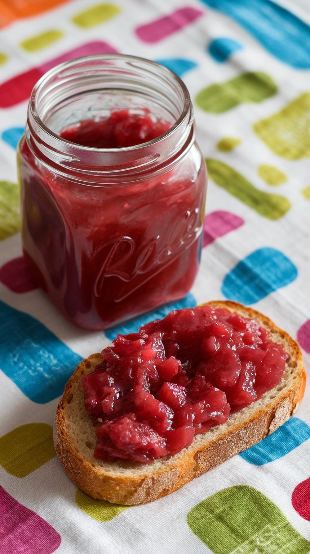 A jar of rhubarb ginger jam next to a slice of bread topped with the jam on a colorful tablecloth.