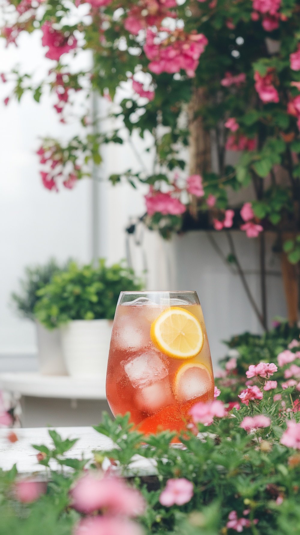 A glass of Rhubarb Lemonade Spritzer with lemon slices, surrounded by pink flowers.