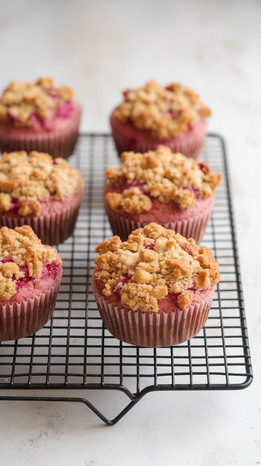 Freshly baked rhubarb muffins with a crunchy streusel topping on a cooling rack.
