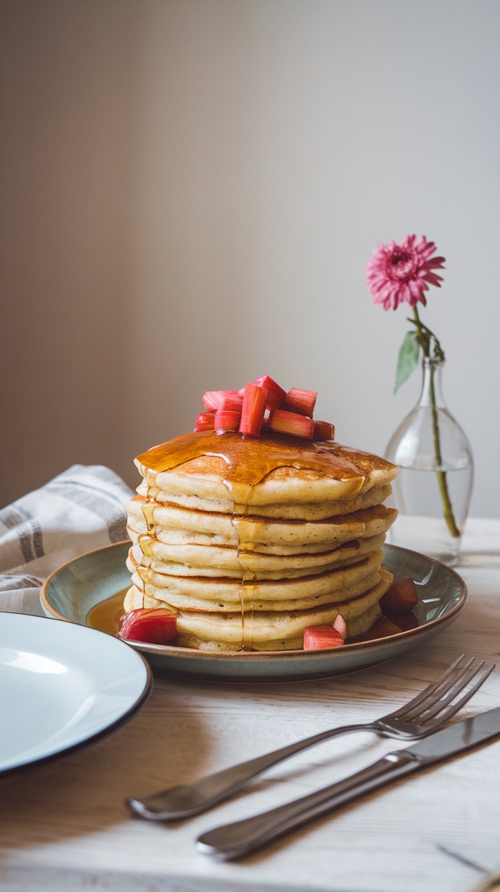A stack of fluffy pancakes topped with rhubarb and maple syrup, with a flower in a vase in the background.