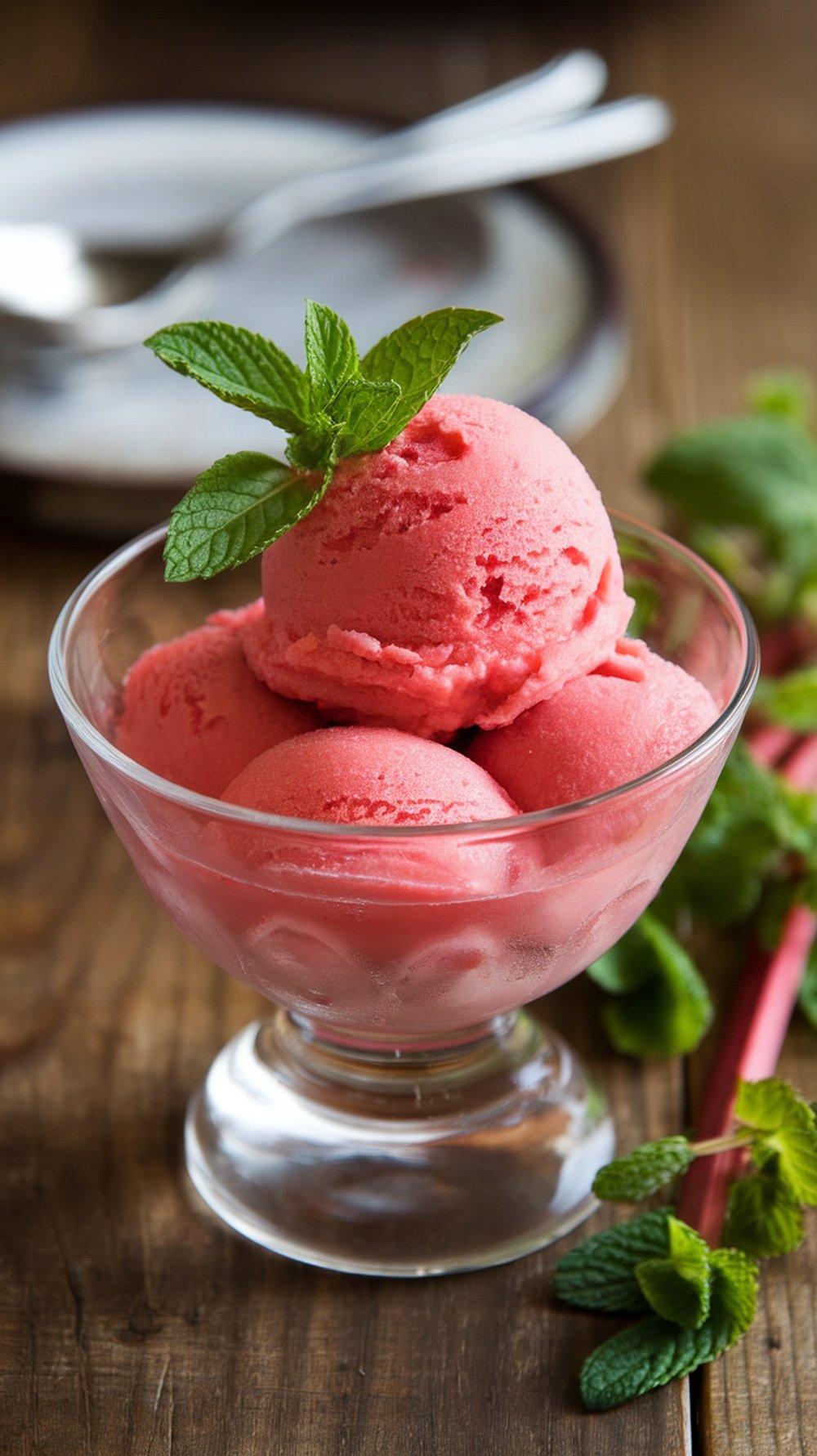 A bowl of pink rhubarb sorbet topped with fresh mint leaves, placed on a wooden table.