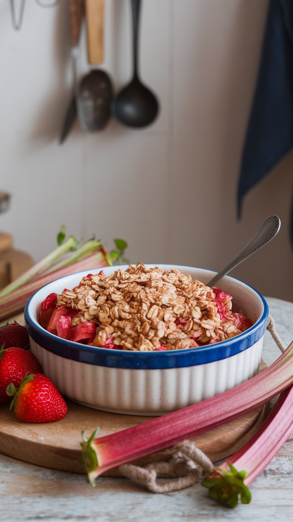 A delicious Rhubarb Strawberry Crisp topped with oat mixture, served in a white dish with fresh strawberries and rhubarb stalks around it.