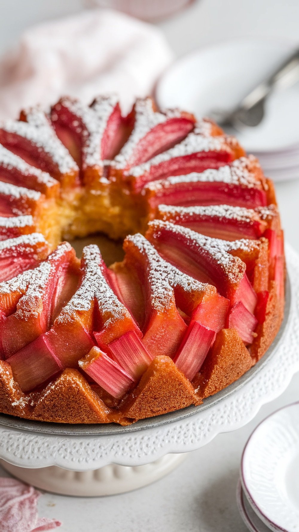 A beautifully arranged rhubarb upside-down cake with pink rhubarb pieces on top and a light dusting of powdered sugar.