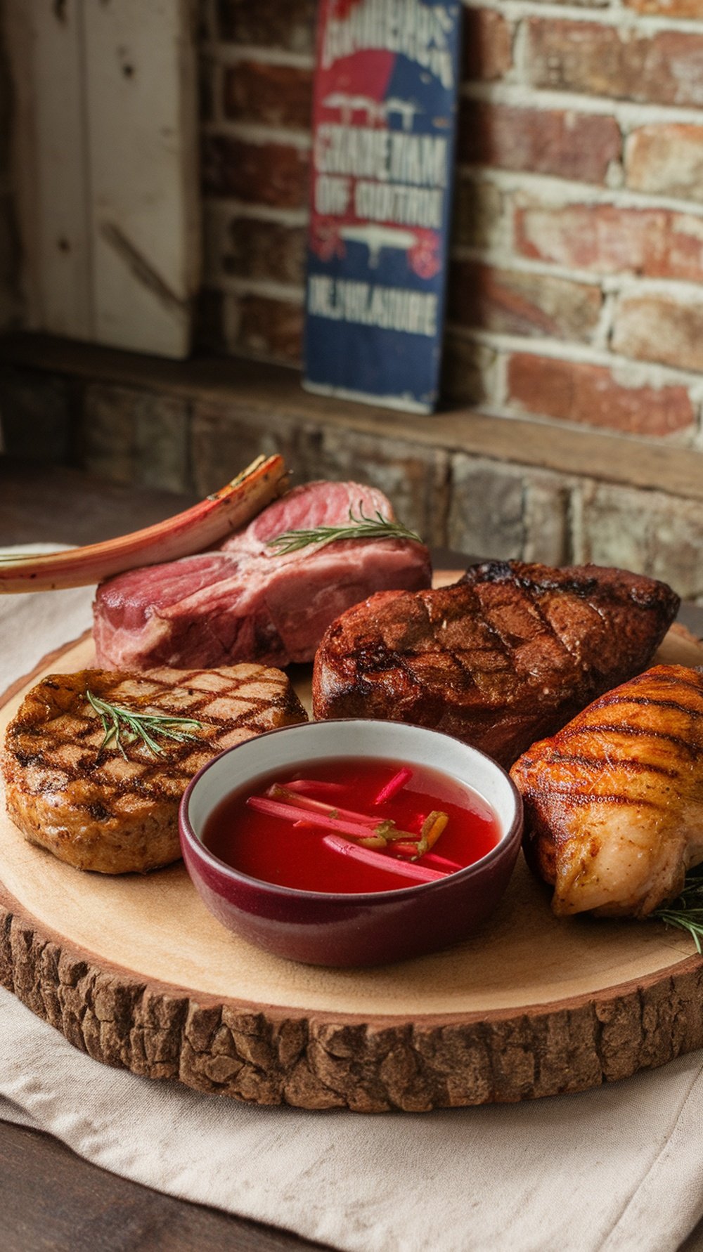A wooden platter with grilled meats and a bowl of rhubarb chutney, showcasing a delicious meal.
