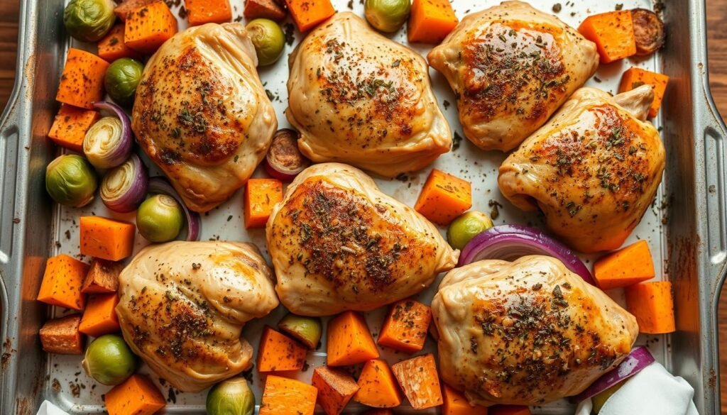 A baking sheet showcases a delectable array of roasted chicken thighs, seasoned with a blend of savory herbs and spices. The chicken is arranged alongside an assortment of vibrant vegetables, including Brussels sprouts, sweet potatoes, and red onions, all perfectly caramelized under the warm, golden glow of the oven's light. The scene exudes a homey, comforting atmosphere, inviting the viewer to imagine the satisfying, nutrient-dense meal that awaits. The arrangement is captured with a clean, minimalist aesthetic, emphasizing the simplicity and ease of this one-pan healthy chicken preparation solution.