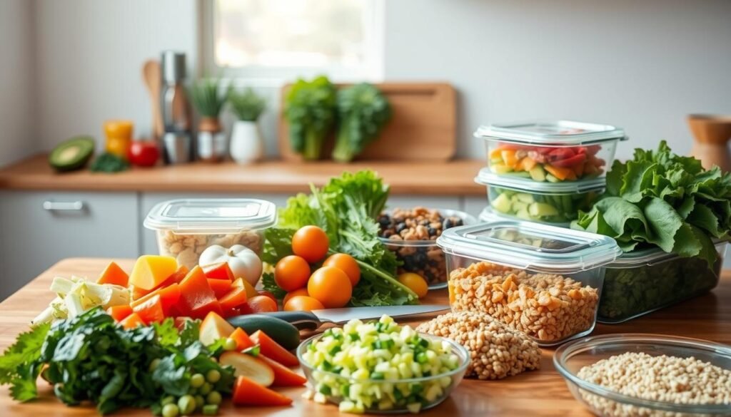 A bountiful assortment of fresh, colorful ingredients arranged on a wooden kitchen counter, bathed in warm, natural light. In the foreground, a variety of chopped vegetables, lean proteins, and whole grains nestle alongside sleek glass meal prep containers. In the middle ground, a chef's knife, cutting board, and simple kitchen utensils suggest a recent flurry of meal preparation. The background features a minimalist, airy space with clean white walls, conveying a sense of order and efficiency. The overall scene exudes a mood of healthy, effortless nourishment - the perfect illustration of "15-Minute Healthy Meal-Prep Solutions".
