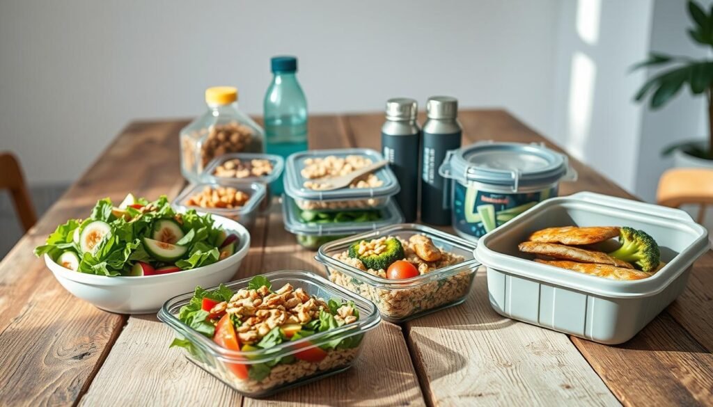 A bountiful display of healthy lunch options neatly arranged on a rustic wooden table, illuminated by soft, natural lighting. The foreground features an assortment of colorful, freshly prepared meals - a vibrant salad with leafy greens, sliced vegetables, and a drizzle of dressing; a wholesome grain bowl with quinoa, roasted vegetables, and a sprinkle of toasted nuts; and a portable container filled with protein-rich grilled chicken and steamed broccoli. In the middle ground, various meal prep containers, reusable water bottles, and simple serving utensils are thoughtfully placed, showcasing the efficiency and convenience of this healthy lunch setup. The background suggests a minimalist, airy kitchen or dining space, with clean white walls and a touch of greenery, conveying a sense of wellness and mindfulness.