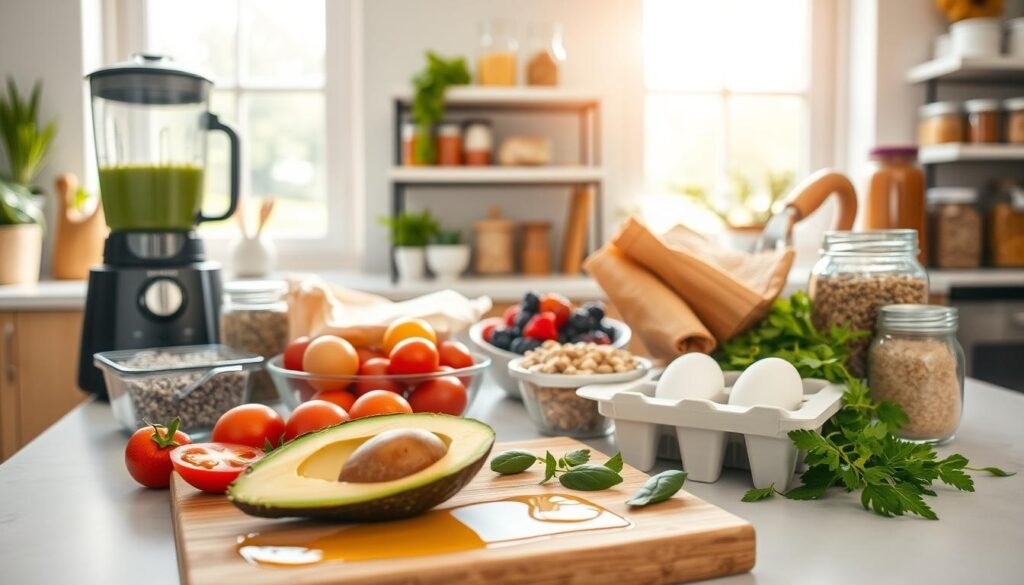 A bright, airy kitchen counter filled with an assortment of fresh, vibrant ingredients. In the foreground, a cutting board with sliced avocado, tomatoes, and a drizzle of olive oil. Nearby, a bowl of berries, a carton of eggs, and a jar of chia seeds. In the middle ground, a blender with a green smoothie, alongside jars of nuts and seeds. The background features shelves stocked with healthy grains, herbs, and spices, bathed in warm, natural lighting from large windows. The scene exudes a sense of wellness, organization, and culinary inspiration, perfect for a nourishing, special diet breakfast.