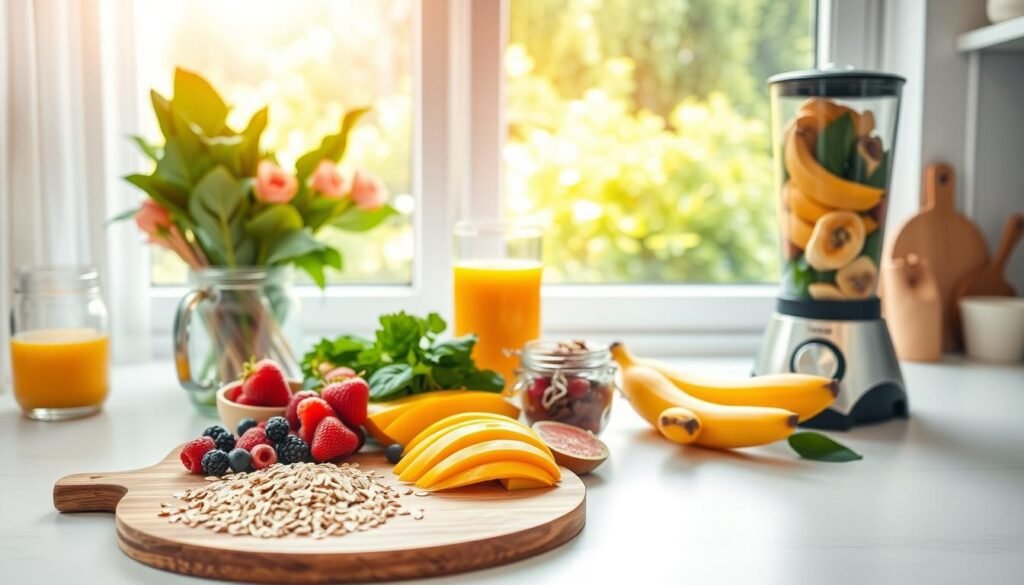 A bright and airy kitchen counter, showcasing a visually appealing array of healthy breakfast ingredients. In the foreground, a cutting board with freshly sliced fruits like berries, kiwi, and mango, complemented by a bowl of oats, chia seeds, and a jar of honey. In the middle ground, a glass of freshly squeezed orange juice and a smoothie blender filled with leafy greens, bananas, and yogurt. The background features a window overlooking a lush, verdant garden, bathed in warm, natural light filtering through sheer curtains. The overall atmosphere exudes a sense of wellness, organization, and a commitment to starting the day with a nutritious and energizing meal.