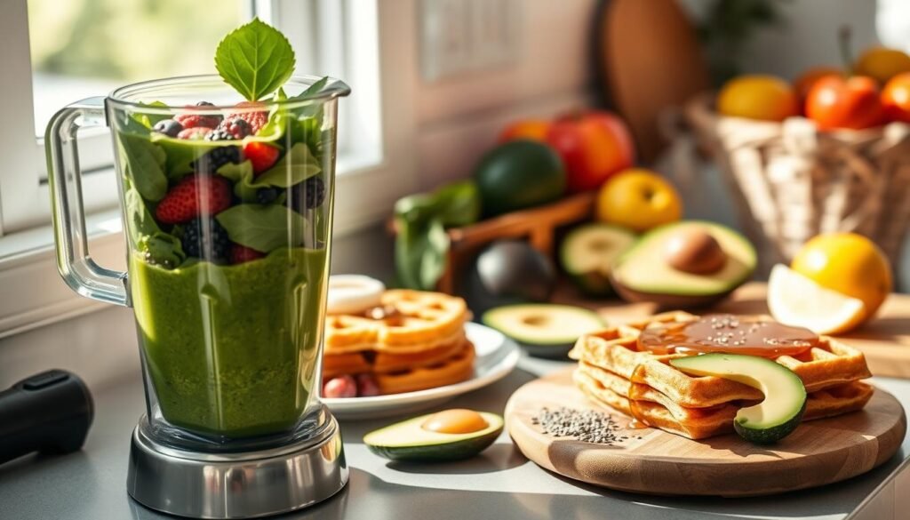 A bright, sun-drenched kitchen counter showcases an array of quick-to-prepare, nutrient-dense breakfast options. In the foreground, a sleek blender whirs together a vibrant green smoothie, its contents overflowing with leafy greens, ripe berries, and a drizzle of honey. Beside it, a plate holds a stack of fluffy, golden-brown whole-grain waffles, glistening with a light maple syrup glaze. In the middle ground, a cutting board displays freshly sliced avocado, alongside a sprinkle of chia seeds and a wedge of lemon. In the background, a basket of seasonal fruits, including crisp apples and juicy oranges, completes the scene, creating a harmonious and visually appealing representation of quick, healthy breakfast solutions.