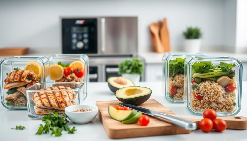 A bright, well-lit kitchen scene showcasing an assortment of healthy chicken meal prep ideas. In the foreground, there are several glass meal prep containers filled with grilled chicken breasts, steamed vegetables, and quinoa. Placed strategically around the containers are fresh herbs, lemon wedges, and a small bowl of seasoning. In the middle ground, a wooden cutting board features sliced avocado, cherry tomatoes, and a knife for easy portion control. The background depicts a minimalist kitchen counter with a modern stainless steel appliance and a potted plant, creating a clean and organized atmosphere. The lighting is soft and natural, highlighting the vibrant colors and textures of the healthy chicken meal components.