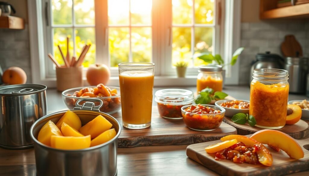 A cheerful kitchen scene with a collection of budget-friendly canned peach recipes. In the foreground, an open can of peach halves, a simple peach cobbler, and a peach smoothie blended with milk and honey. In the middle ground, a variety of canned peach dishes like peach salsa, peach chutney, and peach jam on rustic wooden boards. In the background, a bright window overlooking a lush green garden, bathed in warm, golden afternoon light. Retro, nostalgic atmosphere with a touch of homemade charm.
