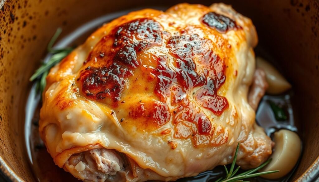 A close-up, detailed view of a succulent chicken thigh in a rustic, earthenware pot. The skin glistens with a golden-brown sear, showcasing the crispy texture. The meat beneath is moist and tender, with visible juices. Herbs and spices, such as rosemary, thyme, and garlic, are scattered around the thigh, hinting at the rich, flavorful one-pot cooking process. Soft, diffused lighting from the side casts gentle shadows, emphasizing the curves and contours of the chicken. The background is a simple, neutral tone, allowing the main subject to take center stage. This image captures the essence of juicy, foolproof one-pot chicken thigh cooking.
