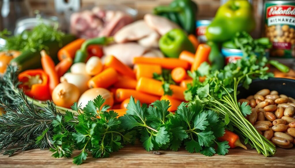 A close-up, high-resolution image of a selection of ingredients for a one-pot protein-based dinner. In the foreground, a variety of fresh herbs, such as rosemary, thyme, and parsley, arranged neatly. In the middle ground, an assortment of vegetables including onions, carrots, and bell peppers, all chopped and ready for cooking. In the background, various protein sources such as chicken breasts, beef stew meat, and canned beans, showcasing the versatile options for a satisfying one-pot meal. The lighting is warm and natural, highlighting the vibrant colors and textures of the ingredients. The overall composition conveys the idea of a well-stocked kitchen, ready to create a delicious and nourishing one-pot dinner. A close-up, high-resolution image of a selection of ingredients for a one-pot protein-based dinner. In the foreground, a variety of fresh herbs, such as rosemary, thyme, and parsley, arranged neatly. In the middle ground, an assortment of vegetables including onions, carrots, and bell peppers, all chopped and ready for cooking. In the background, various protein sources such as chicken breasts, beef stew meat, and canned beans, showcasing the versatile options for a satisfying one-pot meal. The lighting is warm and natural, highlighting the vibrant colors and textures of the ingredients. The overall composition conveys the idea of a well-stocked kitchen, ready to create a delicious and nourishing one-pot dinner.