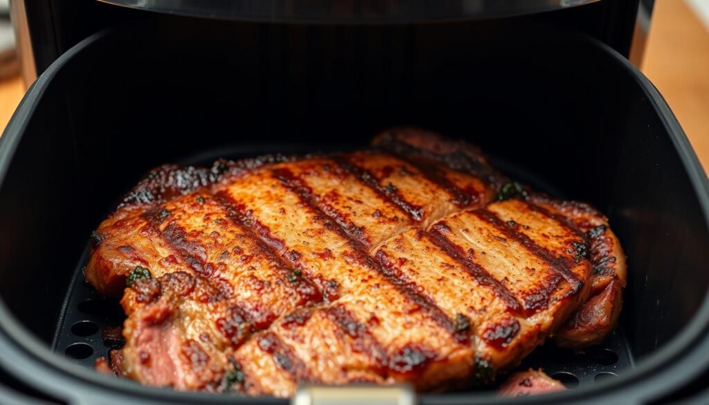A close-up photograph of an air fryer filled with perfectly seared and juicy steak, golden-brown with a slight char on the edges. The steak is sliced diagonally, revealing a pink, medium-rare interior. The air fryer's sleek, metallic body is visible in the background, casting a warm, even light on the subject. The scene is shot from a low angle, emphasizing the steak's mouthwatering texture and presentation. The overall mood is one of culinary mastery and the satisfying aroma of a restaurant-quality steak, brought to life in the comforts of a home kitchen. A close-up photograph of an air fryer filled with perfectly seared and juicy steak, golden-brown with a slight char on the edges. The steak is sliced diagonally, revealing a pink, medium-rare interior. The air fryer's sleek, metallic body is visible in the background, casting a warm, even light on the subject. The scene is shot from a low angle, emphasizing the steak's mouthwatering texture and presentation. The overall mood is one of culinary mastery and the satisfying aroma of a restaurant-quality steak, brought to life in the comforts of a home kitchen.