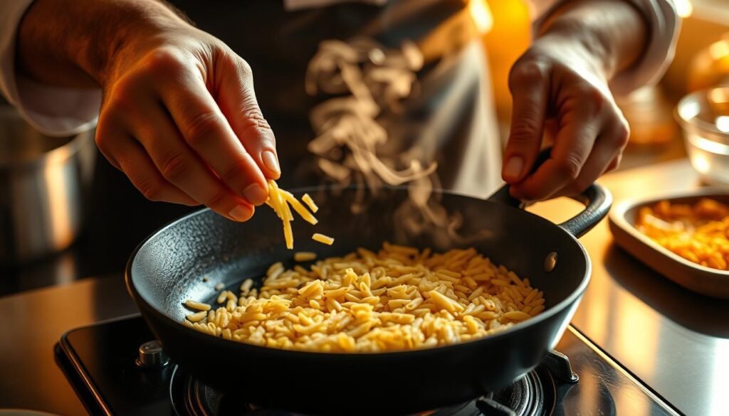 A close-up shot of a chef's hands toasting orzo pasta tips over a sizzling cast-iron skillet. The kitchen counter is illuminated by warm, golden overhead lighting, casting a cozy glow. Delicate wisps of steam rise from the pan, as the orzo kernels acquire a light, toasted texture and a subtle nutty aroma. The chef's movements are precise and methodical, expertly manipulating the skillet to evenly toast the tiny pasta pieces. The scene conveys a sense of culinary mastery and the nuanced techniques required to coax maximum flavor from humble orzo. A close-up shot of a chef's hands toasting orzo pasta tips over a sizzling cast-iron skillet. The kitchen counter is illuminated by warm, golden overhead lighting, casting a cozy glow. Delicate wisps of steam rise from the pan, as the orzo kernels acquire a light, toasted texture and a subtle nutty aroma. The chef's movements are precise and methodical, expertly manipulating the skillet to evenly toast the tiny pasta pieces. The scene conveys a sense of culinary mastery and the nuanced techniques required to coax maximum flavor from humble orzo.