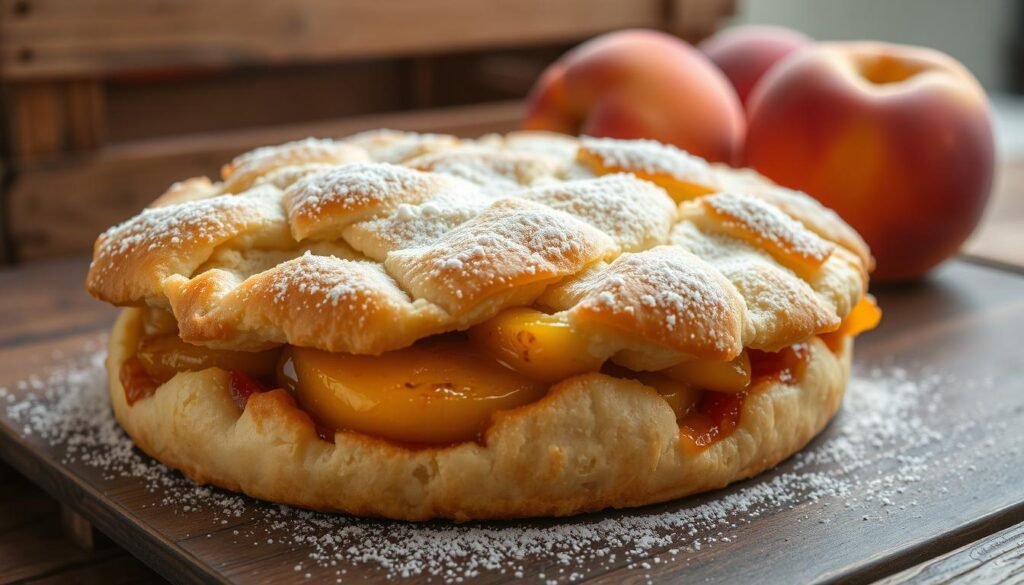A close-up shot of a freshly baked peach cobbler, steaming hot and golden-brown, resting on a rustic wooden table. The flaky crust is dotted with caramelized peach slices, their juices bubbling around the edges. Sprinkled with a light dusting of powdered sugar, the dessert is illuminated by soft, natural lighting, casting warm shadows and highlighting the rich, inviting colors. In the background, a few ripe peaches sit in a wooden crate, their fuzzy skin glowing with a hint of pink. The overall scene conveys a sense of homemade comfort and the bountiful harvest of fresh summer peaches.