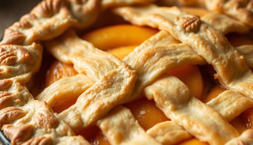 A close-up shot of a freshly baked peach pie, showcasing its perfectly flaky and golden-brown crust. The crust has a delicate, buttery texture with visible layers and a lattice pattern on top, allowing glimpses of the juicy, ripe peach filling within. Soft, diffused lighting illuminates the scene, highlighting the intricate details of the crust's intricate, hand-crafted appearance. The overall mood is one of rustic elegance, evoking the comforting essence of a homemade summer dessert. A close-up shot of a freshly baked peach pie, showcasing its perfectly flaky and golden-brown crust. The crust has a delicate, buttery texture with visible layers and a lattice pattern on top, allowing glimpses of the juicy, ripe peach filling within. Soft, diffused lighting illuminates the scene, highlighting the intricate details of the crust's intricate, hand-crafted appearance. The overall mood is one of rustic elegance, evoking the comforting essence of a homemade summer dessert.
