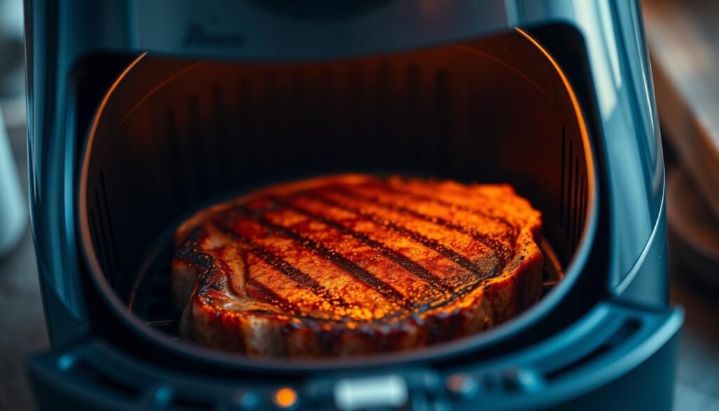 A close-up shot of an air fryer with a perfectly seared steak inside, casting a warm, golden glow. The steak is juicy and tender, with a delicate char on the edges. The air fryer's sleek, modern design is highlighted, suggesting a seamless, hassle-free cooking experience. The background is slightly blurred, keeping the focus on the steak and the air fryer. The lighting is soft and diffused, creating a cozy, inviting atmosphere. The overall scene conveys the ease and simplicity of achieving restaurant-quality steak at home using an air fryer. A close-up shot of an air fryer with a perfectly seared steak inside, casting a warm, golden glow. The steak is juicy and tender, with a delicate char on the edges. The air fryer's sleek, modern design is highlighted, suggesting a seamless, hassle-free cooking experience. The background is slightly blurred, keeping the focus on the steak and the air fryer. The lighting is soft and diffused, creating a cozy, inviting atmosphere. The overall scene conveys the ease and simplicity of achieving restaurant-quality steak at home using an air fryer.
