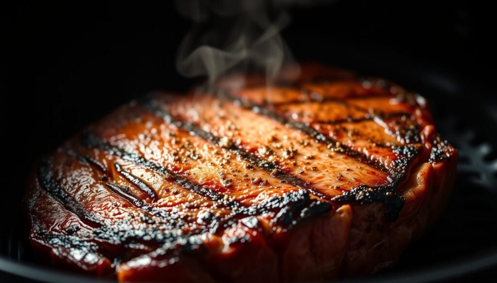 A close-up view of a juicy, perfectly seared steak, fresh out of an air fryer. The meat is expertly seasoned, with a crisp, caramelized exterior and a tender, pink interior. Wisps of aromatic steam rise from the steak, creating a mouthwatering scene. The lighting is dramatic, casting shadows that accentuate the steak's textural details. The camera angle is low, putting the viewer at eye level with the steak, as if they are about to take a bite. The background is minimalist, allowing the steak to be the sole focus. The overall mood is one of sophisticated culinary mastery, showcasing the advanced techniques of air-frying steak to perfection. A close-up view of a juicy, perfectly seared steak, fresh out of an air fryer. The meat is expertly seasoned, with a crisp, caramelized exterior and a tender, pink interior. Wisps of aromatic steam rise from the steak, creating a mouthwatering scene. The lighting is dramatic, casting shadows that accentuate the steak's textural details. The camera angle is low, putting the viewer at eye level with the steak, as if they are about to take a bite. The background is minimalist, allowing the steak to be the sole focus. The overall mood is one of sophisticated culinary mastery, showcasing the advanced techniques of air-frying steak to perfection.