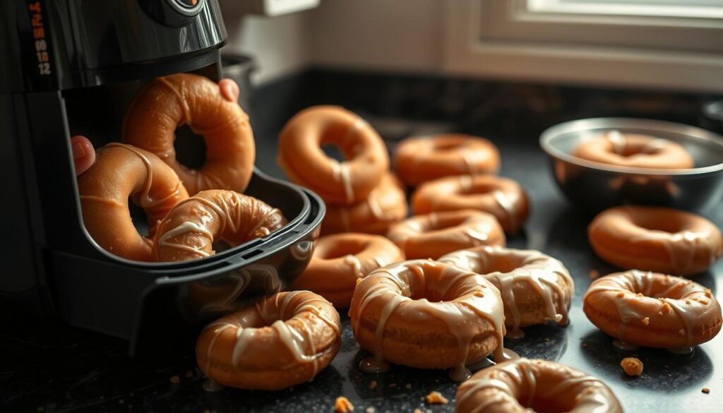 A cluttered kitchen counter, with a disarray of air fryer donuts gone wrong. Undercooked, misshapen, and dripping with glaze, they sit alongside a bewildered chef's hands, grasping the edges of the air fryer basket in frustration. Soft, ambient lighting casts shadows, highlighting the imperfections. The scene conveys a sense of disappointment, but also the perseverance of the home cook determined to master this tricky kitchen appliance. A relatable, yet visually compelling image to illustrate the trials and tribulations of air fryer donut making.