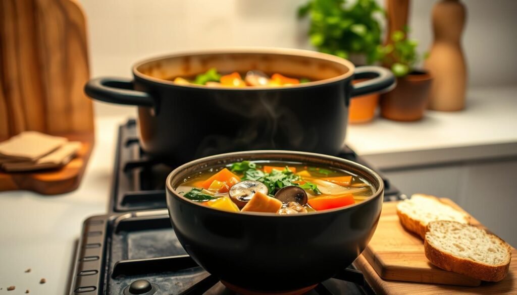 A comforting, wholesome one-pot soup, simmering on a rustic stove. In the foreground, a bowl brimming with a vibrant, nourishing broth, filled with an array of fresh vegetables - tender carrots, earthy mushrooms, and leafy greens. The middle ground features a cutting board with sliced bread, a subtle invitation to dip and savor. Warm, soft lighting illuminates the scene, creating a cozy, inviting atmosphere. The background showcases a clean, minimalist kitchen, with natural wooden accents and potted herbs, hinting at the nutritious, homemade nature of the dish. An image that captures the essence of healthy, comforting one-pot soup solutions.