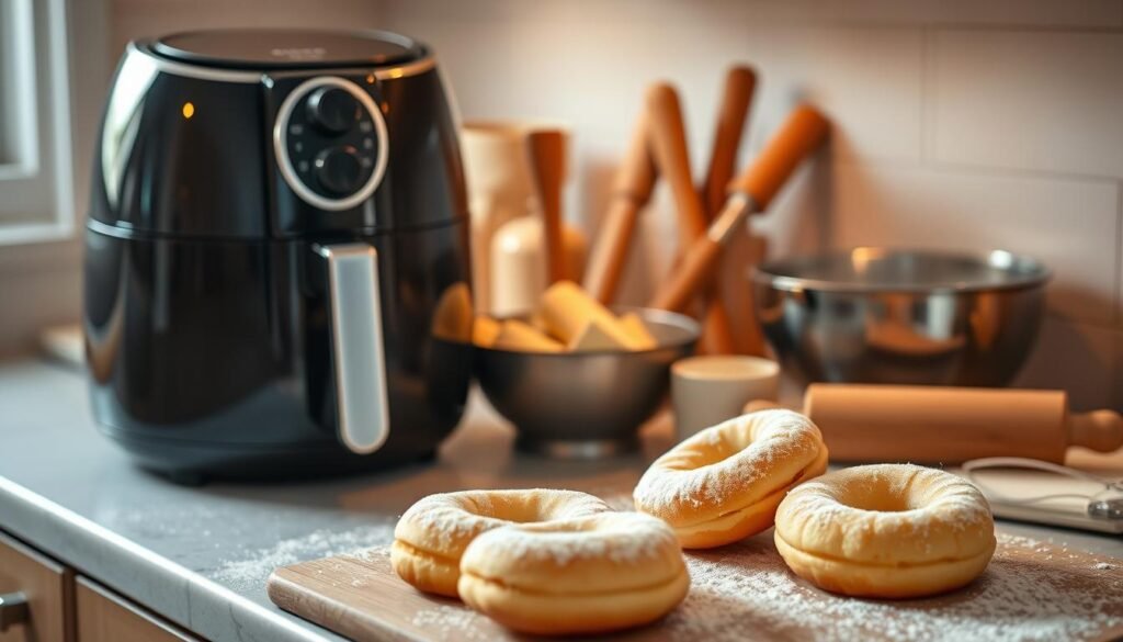 A cozy kitchen counter, bathed in soft, warm lighting, showcases a gleaming air fryer. On the counter, delicate donuts - freshly fried, golden, and dusted with powdered sugar - sit temptingly. Beside them, a bowl of dough, a rolling pin, and other baking essentials create a scene of homemade, artisanal indulgence. The donuts appear fluffy and inviting, their perfect shape hinting at the sweet science behind their creation in the air fryer. The overall atmosphere evokes a sense of domestic tranquility and the joy of crafting delectable treats at home.