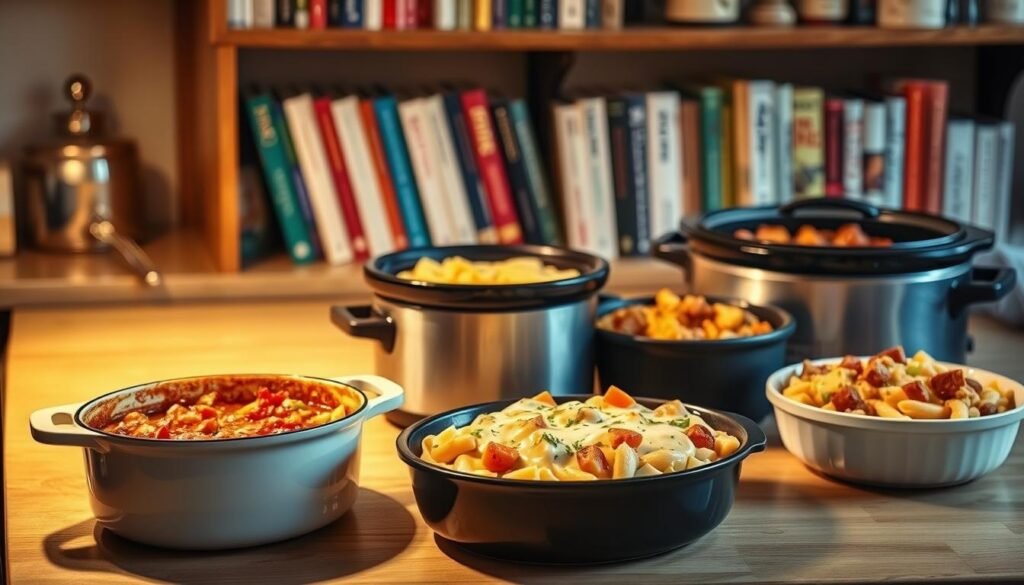 A cozy kitchen counter, bathed in warm, soft lighting, showcases an array of one-pot dishes. In the foreground, a hearty stew simmers in an enameled cast-iron pot, its rich aroma filling the air. Alongside, a creamy pasta bake, brimming with melted cheese and tender vegetables, sits ready to serve. In the middle ground, a slow-cooker bubbles with a savory beef and vegetable medley, the perfect comfort food for a busy weeknight. In the background, a bookshelf displays a collection of family-friendly cookbooks, hinting at the wealth of simple, nourishing recipes waiting to be explored. The scene exudes a sense of ease and contentment, capturing the essence of why one-pot dinners are the ultimate solution for busy families. A cozy kitchen counter, bathed in warm, soft lighting, showcases an array of one-pot dishes. In the foreground, a hearty stew simmers in an enameled cast-iron pot, its rich aroma filling the air. Alongside, a creamy pasta bake, brimming with melted cheese and tender vegetables, sits ready to serve. In the middle ground, a slow-cooker bubbles with a savory beef and vegetable medley, the perfect comfort food for a busy weeknight. In the background, a bookshelf displays a collection of family-friendly cookbooks, hinting at the wealth of simple, nourishing recipes waiting to be explored. The scene exudes a sense of ease and contentment, capturing the essence of why one-pot dinners are the ultimate solution for busy families.