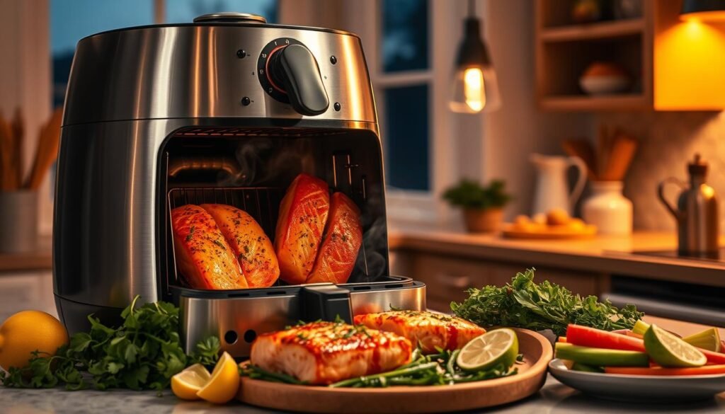 A cozy kitchen scene at twilight, with a sleek stainless steel air fryer prominently displayed on the countertop. Mouth-watering salmon fillets sizzle within, their golden-brown exteriors glistening under the warm glow of pendant lighting. The rich, savory aroma fills the air, beckoning the viewer to pull up a chair and savor a delectable weeknight meal. Surrounding the air fryer, an assortment of fresh herbs, lemon wedges, and crisp vegetables await, ready to be transformed into the perfect accompaniment. The scene exudes a sense of effortless elegance and the promise of a satisfying, nutritious dinner, capturing the essence of how an air fryer can revolutionize one's approach to quick, flavorful meals.