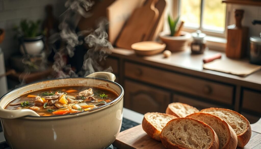 A cozy kitchen scene filled with the aroma of simmering hearty one pot soups. In the foreground, a large ceramic pot sits atop a rustic stove, steam rising gently. The soup's thick, rich broth is dotted with tender chunks of meat, vibrant vegetables, and aromatic herbs. In the middle ground, a wooden cutting board displays fresh-baked crusty bread, ready to soak up every last drop. The background is softly lit, casting a warm, inviting glow, as if welcoming the viewer to pull up a chair and indulge in the perfect comfort food. The overall scene conveys a sense of nourishment, tradition, and the art of slow-cooked perfection.