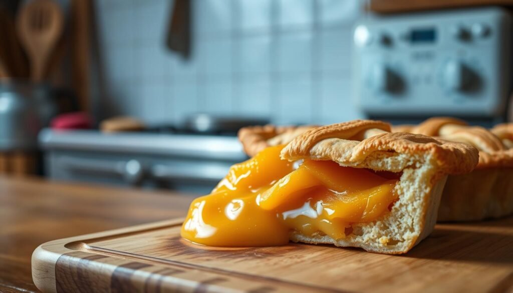 A cozy kitchen scene with a close-up view of a slice of freshly baked peach pie on a wooden cutting board. The pie has a golden-brown lattice crust and juicy peach filling spilling out. Soft, diffused lighting illuminates the scene, casting warm shadows. In the background, blurred kitchen utensils and a vintage-style oven are visible, hinting at the process of pie-making. The composition emphasizes the delicious, troubleshooting-worthy nature of the peach pie, inviting the viewer to investigate its potential issues and solutions. A cozy kitchen scene with a close-up view of a slice of freshly baked peach pie on a wooden cutting board. The pie has a golden-brown lattice crust and juicy peach filling spilling out. Soft, diffused lighting illuminates the scene, casting warm shadows. In the background, blurred kitchen utensils and a vintage-style oven are visible, hinting at the process of pie-making. The composition emphasizes the delicious, troubleshooting-worthy nature of the peach pie, inviting the viewer to investigate its potential issues and solutions.