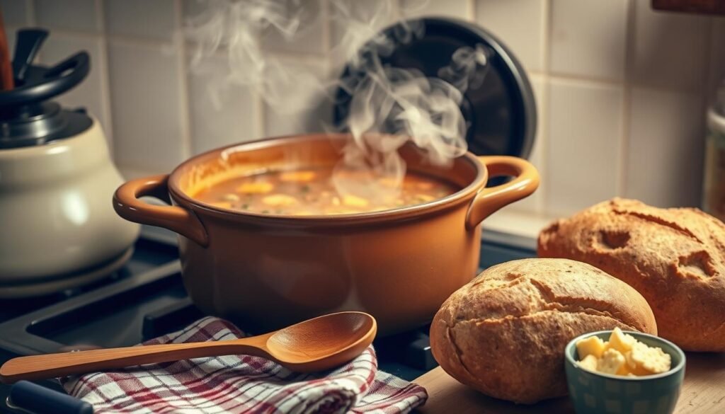 A cozy kitchen scene with a large, earthenware pot filled with a hearty, one-pot soup simmering on a vintage stove. The soup's steam rises in wispy tendrils, filling the air with the inviting aroma of herbs and spices. In the foreground, a wooden serving spoon rests on a checkered dish towel, while a crusty loaf of bread and a small bowl of crackers sit nearby, ready to accompany the soup. The lighting is soft and warm, creating a welcoming and comforting atmosphere. The camera angle is slightly elevated, giving a clear view of the scene and emphasizing the simplicity and ease of this one-pot soup dish.