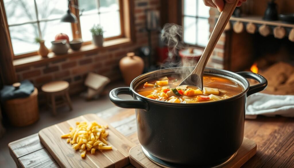 A cozy kitchen scene with a large, steaming pot of hearty one-pot soup taking center stage. The pot is filled with a thick, savory broth, chunks of tender vegetables, and aromatic herbs. In the foreground, a wooden spoon emerges from the soup, steam gently curling upwards. The middle ground features a cutting board with freshly chopped ingredients, and a linen napkin neatly folded nearby. The background showcases a warm, rustic setting with exposed beams, a brick fireplace, and a window overlooking a snow-covered winter landscape. The lighting is soft and inviting, creating a comforting, homely atmosphere. The overall scene evokes a sense of nourishing, satisfying comfort.