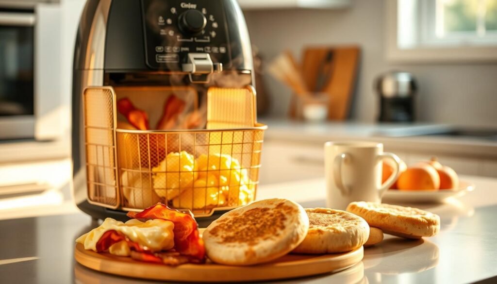 A crisp, golden air fryer basket sits on a clean kitchen counter, steam rising from the perfectly cooked breakfast items inside. The lighting is warm and inviting, casting a soft glow over the scene. In the foreground, a variety of breakfast favorites are visible, such as fluffy scrambled eggs, crispy bacon, and perfectly-toasted English muffins. The middle ground features kitchen essentials like a mug of freshly brewed coffee and a small plate of fresh fruit. The background is blurred, but suggests a cozy, well-appointed kitchen, ready to start the day off right. The overall atmosphere is one of efficiency, simplicity, and the comforting aroma of a delicious, healthy air fryer breakfast.