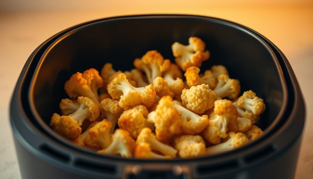 A crisp, golden-brown cauliflower florets gently tumbling in a sleek, minimalist air fryer, bathed in warm, directional lighting that casts subtle shadows. The florets are arranged in an aesthetically pleasing, slightly elevated arrangement, showcasing their delicate texture and perfect air-fried finish. The background is a clean, neutral-toned kitchen counter or surface, allowing the star of the image - the air-fried cauliflower - to take center stage. The overall mood is one of culinary mastery, highlighting the effortless simplicity of air frying cauliflower to perfection.