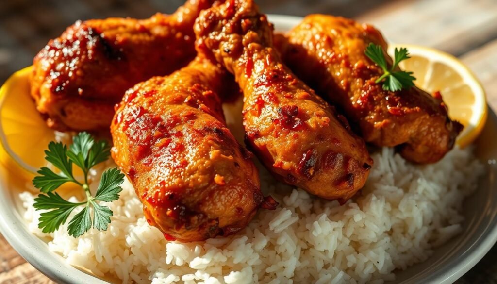 A delectable air-fried chicken dinner, showcasing crispy, golden-brown thighs and drumsticks. The meat glistens with a mouthwatering sheen, nestled atop a bed of fluffy white rice. Garnished with fresh parsley sprigs and a wedge of lemon, the scene exudes a rustic, homemade charm. Warm, directional lighting casts dramatic shadows, accentuating the texture of the crisped skin. The camera angle is slightly elevated, providing a tantalizing, close-up view of the succulent poultry. An inviting, comforting atmosphere pervades the scene, making this air fryer chicken dish the star of the dinner table.