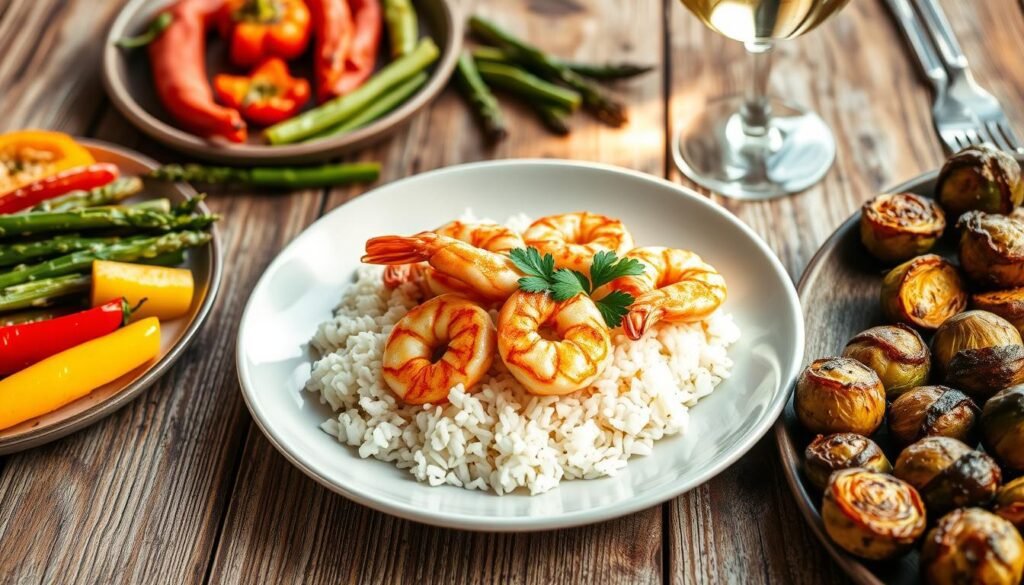 A delectable air-fried shrimp dinner arranged on a rustic wooden table. In the foreground, a plate showcases plump, golden-brown shrimp nestled atop a bed of fluffy white rice, garnished with fresh parsley. Surrounding the plate, an assortment of roasted vegetables, including vibrant bell peppers, tender asparagus, and caramelized Brussels sprouts, create a visually appealing and well-balanced meal. Soft, natural lighting casts a warm, inviting glow, while the table's distressed finish and a glass of chilled white wine in the background suggest a relaxed, elegant setting. The overall composition evokes a sense of mouthwatering temptation and culinary expertise, perfectly capturing the "Shrimp Perfection" theme.