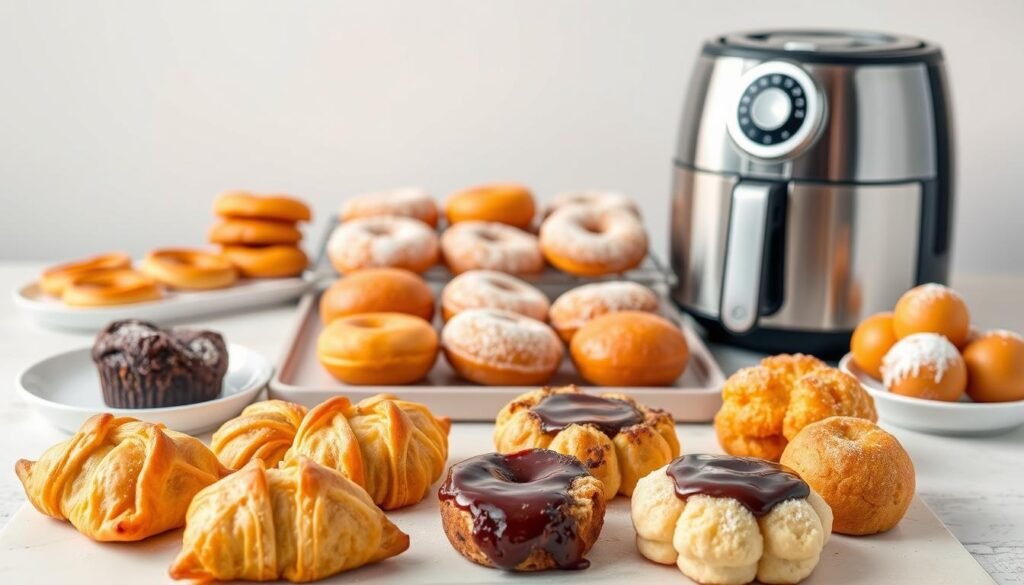A delectable array of air fryer desserts, showcased against a clean, minimalist backdrop. In the foreground, tempting pastries and baked goods - golden-brown apple turnovers, flaky hand pies, and decadent chocolate lava cakes. The middle ground features a neatly arranged tray of crisp, sugar-dusted donuts and fluffy, pillowy beignets. In the background, a sleek, modern air fryer stands ready, its polished stainless steel gleaming under soft, warm lighting. The overall scene exudes a sense of culinary innovation and indulgence, inviting the viewer to explore these next-level air fryer dessert recipes.