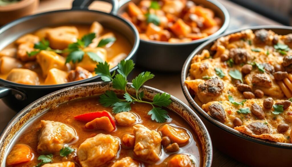 A delectable array of high-protein one-pot dinners, simmering with nourishing ingredients. In the foreground, a hearty stew with tender chunks of chicken, vibrant vegetables, and a rich, savory broth. In the middle ground, a fragrant curry, the aroma of toasted spices and creamy coconut milk filling the air. In the background, a rustic pasta bake, its golden-brown crust hiding a medley of lean ground turkey, wholesome legumes, and garden-fresh herbs. Soft, diffused lighting casts a warm, inviting glow, drawing the viewer in to savor the comforting, satisfying meals. The scene exudes a sense of effortless, healthy indulgence, perfect for a protein-packed one-pot dinner.