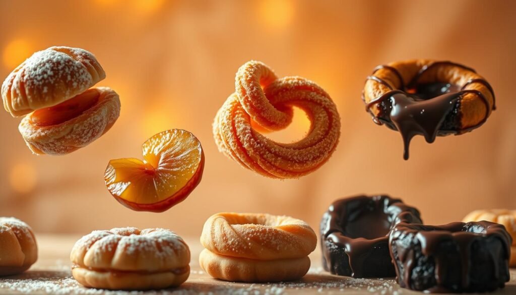 A delectable assortment of air-fried desserts floats effortlessly against a backdrop of warm, golden light. In the foreground, flaky, sugar-dusted pastries and gooey, caramelized apple slices hover mid-air, as if defying gravity. The middle ground showcases perfectly puffed churros and molten chocolate lava cakes, their surfaces glistening with a crisp, air-fried finish. In the distance, a hazy, atmospheric setting creates a cozy, inviting ambiance, hinting at the irresistible aroma of these decadent, homemade treats. The scene exudes a sense of effortless indulgence, showcasing the versatility of the air fryer as a surprisingly capable dessert maker.
