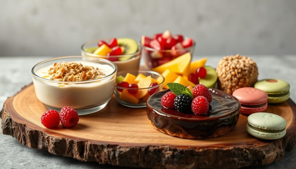 A delectable assortment of dietary-friendly desserts artfully arranged on a rustic wooden platter. In the foreground, a decadent dairy-free chocolate mousse tart with a glossy dark chocolate glaze, garnished with fresh berries. Flanking it, a creamy avocado-based pudding topped with crunchy nut granola and drizzled with honey. In the middle, a vibrant fruit salad featuring sliced kiwi, mango, and pomegranate arils. Along the edges, bite-sized macarons in pastel shades of pistachio and raspberry, made with almond flour. The desserts are elegantly presented against a neutral background, with soft, diffused lighting casting a warm, inviting glow over the scene. A delectable assortment of dietary-friendly desserts artfully arranged on a rustic wooden platter. In the foreground, a decadent dairy-free chocolate mousse tart with a glossy dark chocolate glaze, garnished with fresh berries. Flanking it, a creamy avocado-based pudding topped with crunchy nut granola and drizzled with honey. In the middle, a vibrant fruit salad featuring sliced kiwi, mango, and pomegranate arils. Along the edges, bite-sized macarons in pastel shades of pistachio and raspberry, made with almond flour. The desserts are elegantly presented against a neutral background, with soft, diffused lighting casting a warm, inviting glow over the scene.