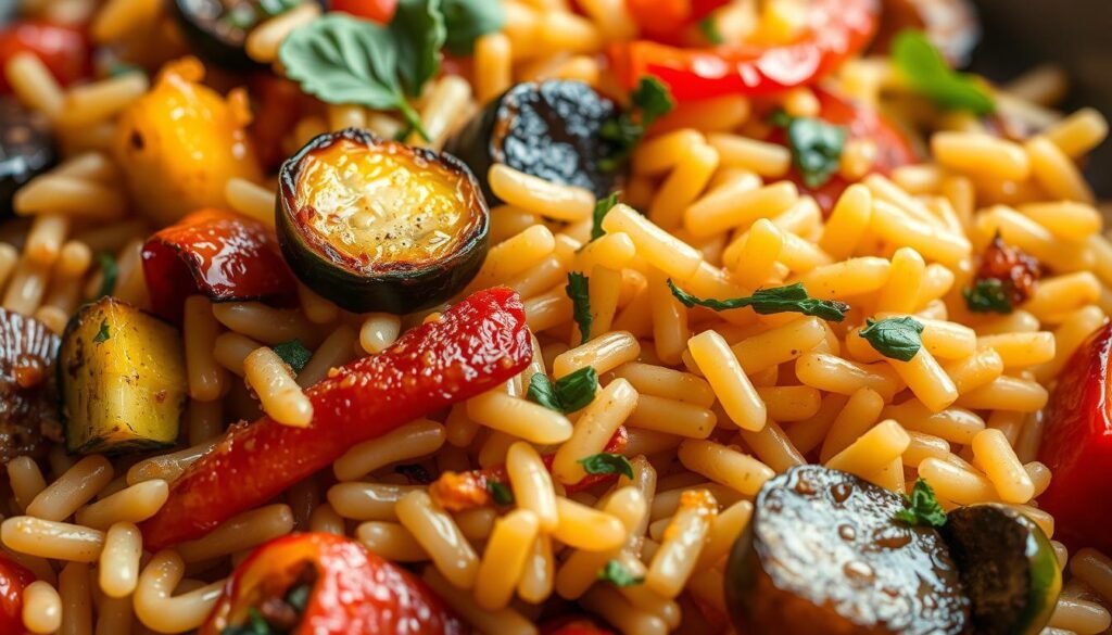 A delectable close-up of a hearty plate of roasted vegetable orzo. The orzo pasta, tender and perfectly al dente, is nestled among a vibrant medley of roasted bell peppers, zucchini, and onions, their caramelized edges lending a rich, savory depth. Shimmering droplets of olive oil cling to the vegetables, while a sprinkling of fresh herbs, such as basil and parsley, add a fragrant, garden-fresh touch. The lighting is soft and warm, casting a cozy, inviting glow over the scene. The focus is tight, emphasizing the enticing texture and vibrant colors of this mouthwatering vegetarian one-pot dish. A delectable close-up of a hearty plate of roasted vegetable orzo. The orzo pasta, tender and perfectly al dente, is nestled among a vibrant medley of roasted bell peppers, zucchini, and onions, their caramelized edges lending a rich, savory depth. Shimmering droplets of olive oil cling to the vegetables, while a sprinkling of fresh herbs, such as basil and parsley, add a fragrant, garden-fresh touch. The lighting is soft and warm, casting a cozy, inviting glow over the scene. The focus is tight, emphasizing the enticing texture and vibrant colors of this mouthwatering vegetarian one-pot dish.