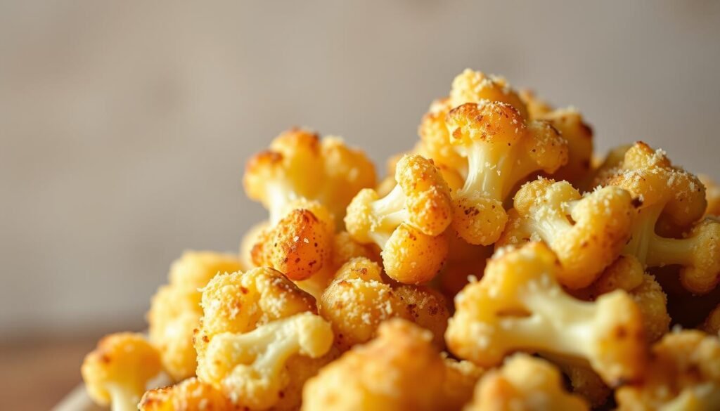 A delectable, close-up photograph of crisp, golden-brown parmesan air fryer cauliflower florets. The cauliflower pieces are evenly coated in a light dusting of finely grated parmesan cheese, which has melted and crisped up, creating a savory, umami-rich crust. The florets are arranged in the foreground against a slightly blurred, minimalist background, allowing the star of the dish to shine. Warm, directional lighting casts gentle shadows, accentuating the nooks and crannies of the cauliflower's natural texture. The overall mood is mouthwatering and inviting, perfectly capturing the essence of this classic air fryer cauliflower recipe.