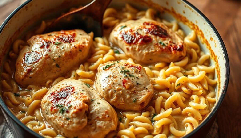 A delectable one-pot chicken and orzo dish, simmering in a creamy, herb-infused sauce. The chicken, tender and juicy, nestled among the perfectly cooked orzo pasta, creating a harmonious blend of protein and carbs. The scene is bathed in warm, golden-hued lighting, casting a cozy, inviting atmosphere. The dish is showcased in a rustic, enameled cast-iron pot, heightening the homemade, comfort-food vibe. The overall composition captures the essence of the "Perfect Marriage of Protein and Pasta in One Pan", enticing the viewer to dive in and savor every bite. A delectable one-pot chicken and orzo dish, simmering in a creamy, herb-infused sauce. The chicken, tender and juicy, nestled among the perfectly cooked orzo pasta, creating a harmonious blend of protein and carbs. The scene is bathed in warm, golden-hued lighting, casting a cozy, inviting atmosphere. The dish is showcased in a rustic, enameled cast-iron pot, heightening the homemade, comfort-food vibe. The overall composition captures the essence of the "Perfect Marriage of Protein and Pasta in One Pan", enticing the viewer to dive in and savor every bite.