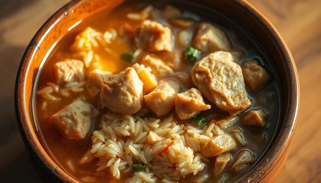 A delectable one-pot chicken and rice dish, simmering in a golden broth, with tender chunks of juicy chicken and aromatic vegetables. The rice grains glisten, perfectly cooked and infused with the rich flavors of the dish. Warm lighting casts a cozy glow, as steam rises, enticing the senses. The composition is visually balanced, with the meal served in a rustic earthenware bowl, against a simple, minimalist backdrop, allowing the vibrant colors and textures to take center stage. This harmonious fusion of protein and carbohydrate embodies the comforting and satisfying essence of a classic one-pot meal.