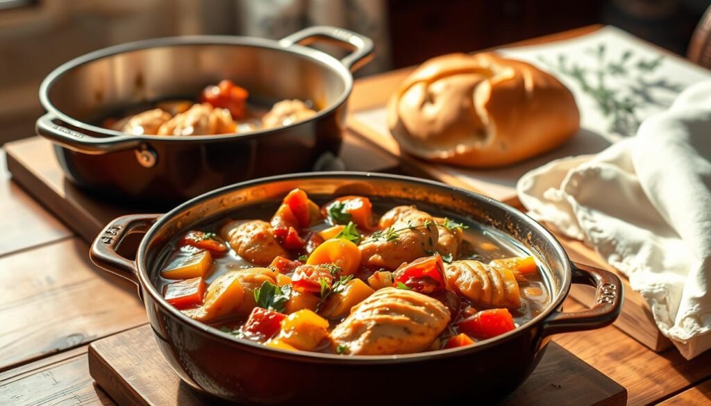 A delectable one-pot meal simmering on a wooden table, bathed in warm, natural lighting. In the foreground, a hearty stew of tender chicken, vibrant vegetables, and fragrant herbs. The middle ground showcases a crusty loaf of freshly baked bread, its golden crust inviting a tear and dip. In the background, a simple yet elegant table setting, with a crisp white linen napkin and a sprig of fresh thyme, creating a cozy, homey atmosphere. The scene evokes the comfort and satisfaction of a nutritious, family-friendly dinner, ready in just 30 minutes.