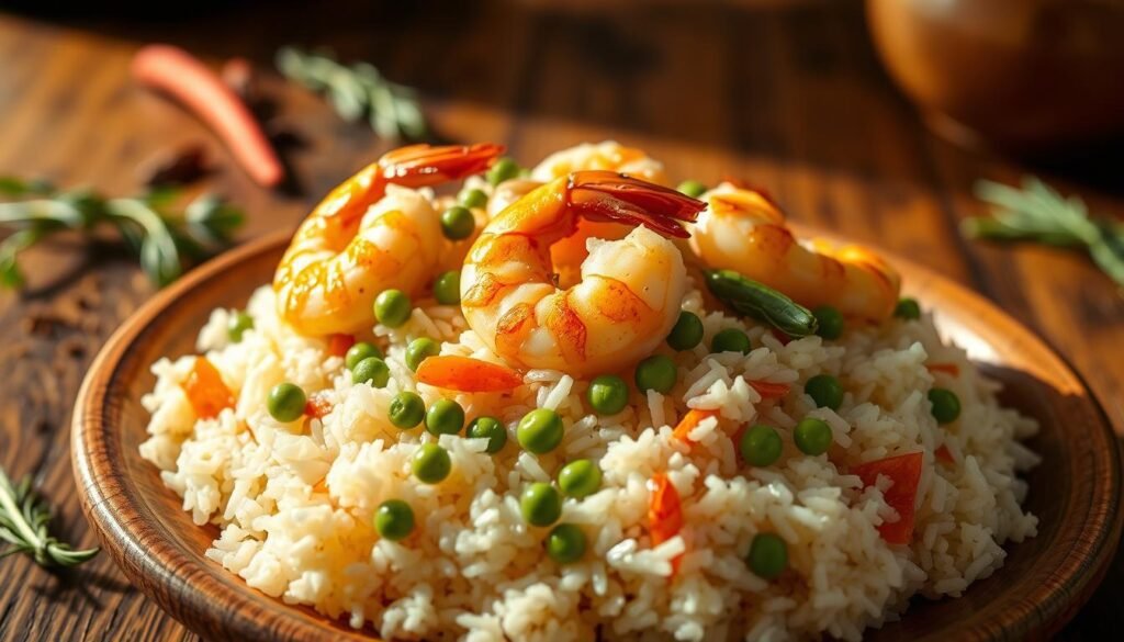 A delectable one-pot shrimp rice dish, bathed in warm lighting and shot from an elevated angle. In the foreground, plump, juicy shrimp nestle atop a bed of fluffy, perfectly cooked white rice, accented with vibrant green peas and slivers of carrot. The middle ground showcases aromatic herbs and spices, hinting at the rich flavors within. In the background, a wooden table surface provides a rustic, homey setting, while soft shadows create depth and dimension. This protein-packed, one-pot meal radiates comfort and nourishment, inviting the viewer to savor every bite.
