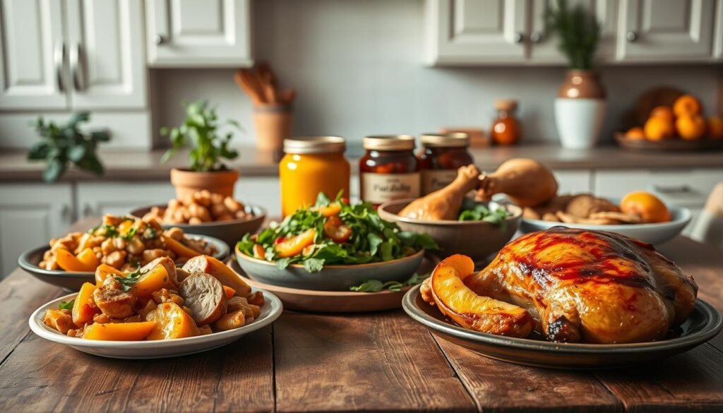 A delectable still life showcasing a selection of savory canned peach-based dishes. In the foreground, a rustic wooden table is laid with a sumptuous feast - a hearty peach and pork tenderloin stir-fry, a crisp peach and arugula salad, and a rich peach and balsamic glazed chicken. Soft, natural lighting illuminates the scene, casting a warm, inviting glow. In the middle ground, jars of canned peaches and other pantry staples are neatly arranged, hinting at the versatility of this humble ingredient. The background features a minimalist kitchen setting, with simple white cabinetry and a few potted herbs, emphasizing the homemade, comforting nature of these dishes. The overall mood is one of rustic elegance and the delicious possibilities of canned peaches.