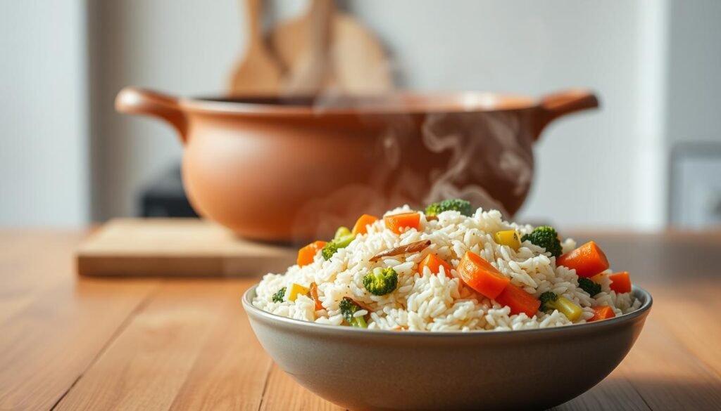 A delicious and nutritious one-pot rice dish, simmering on a wooden table. In the foreground, a steaming bowl of fluffy, perfectly-cooked brown rice, topped with vibrant sautéed vegetables - crisp carrots, tender broccoli, and fragrant onions. The middle ground features a large, earthenware pot, its contents gently bubbling under warm, natural lighting. In the background, a simple, minimalist kitchen backdrop, with clean lines and muted tones, creating a calming, wholesome atmosphere. The overall scene evokes a sense of health, balance, and the comforting simplicity of a homemade meal.